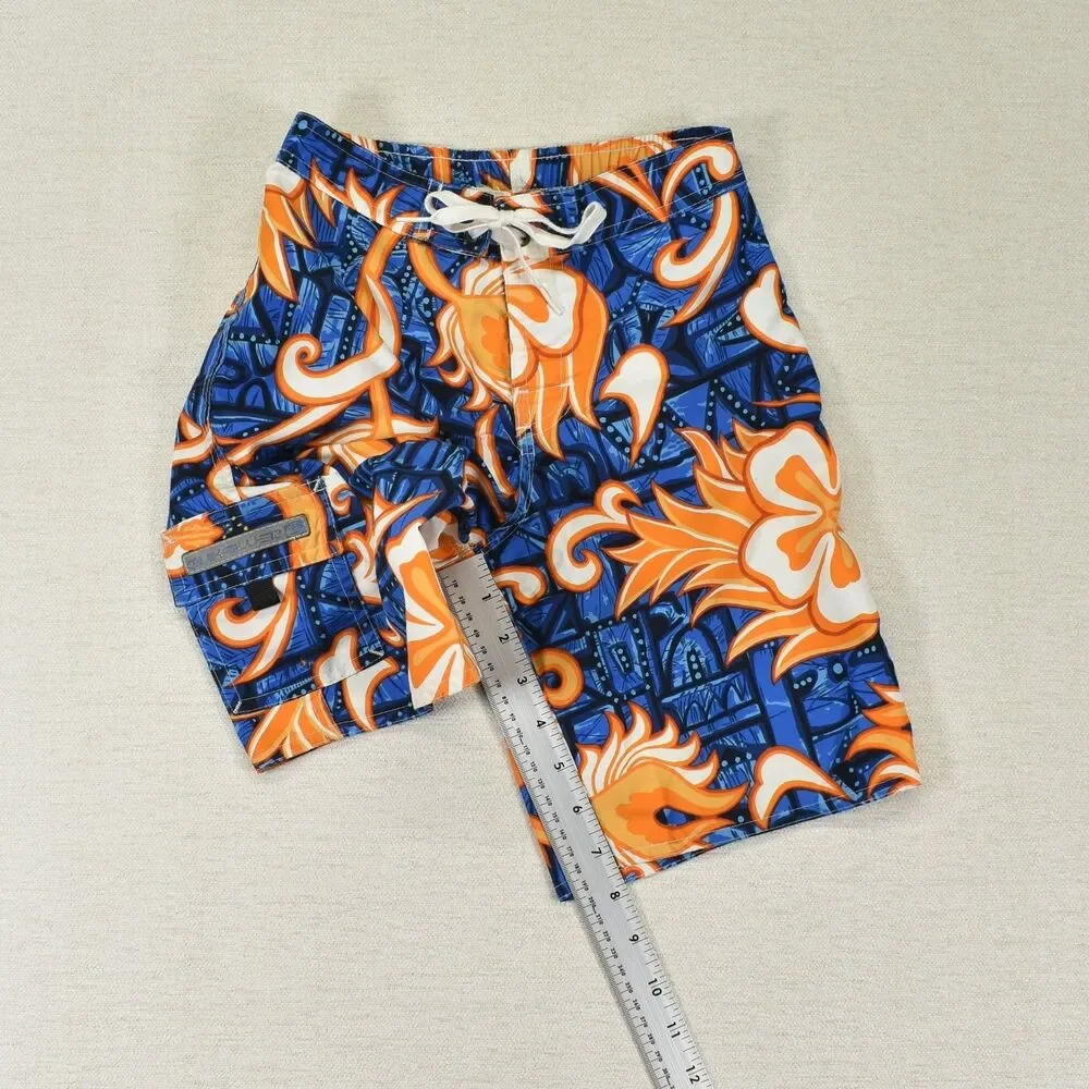 Quiksilver Boys M 6/7 Boardshorts Blue Neon Orange Hawaiian Tribal Surf Shorts